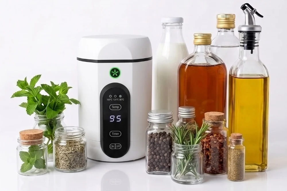 Máquina Mr. Infusion ao lado de ervas frescas, temperos e garrafas de azeite